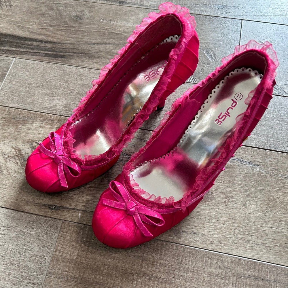 Y2K Pulse Women's Hot Pink Satin Ruffle Bow Pumps Stiletto Clubbing Heels Sz 11